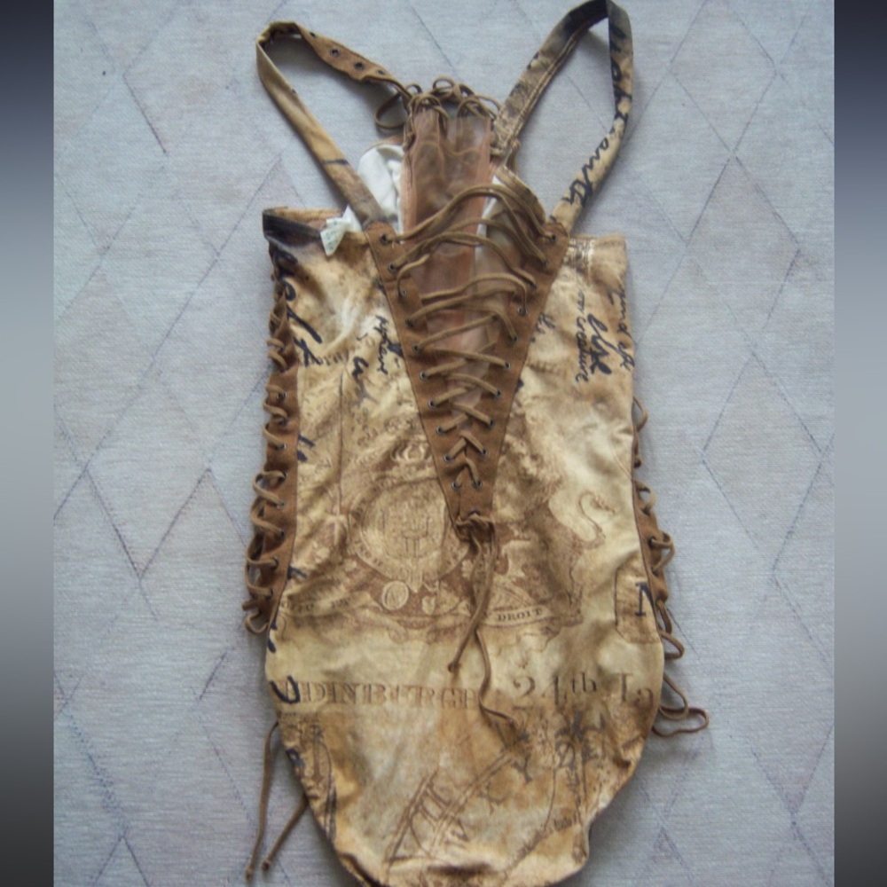 Vintage Rare Nicole Olivier Laceup Mesh Renaissance Print One Piece Swimsuit - Picture 3 of 5